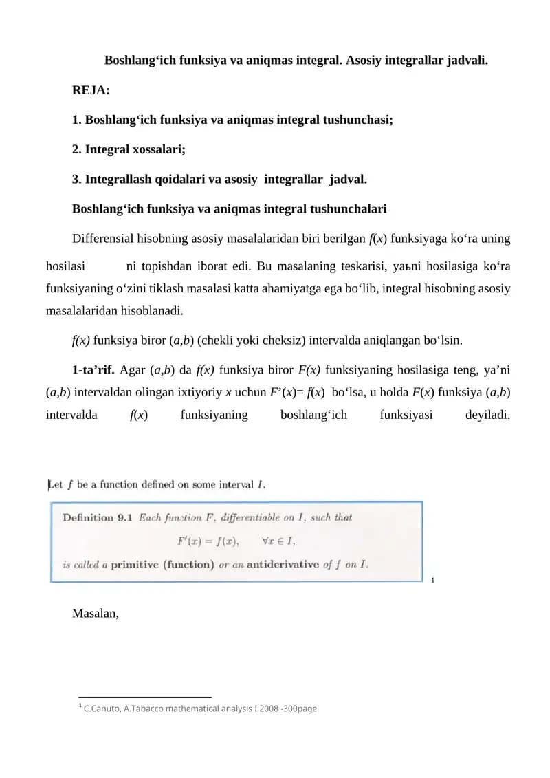 Boshlang‘ich funksiya va aniqmas integral