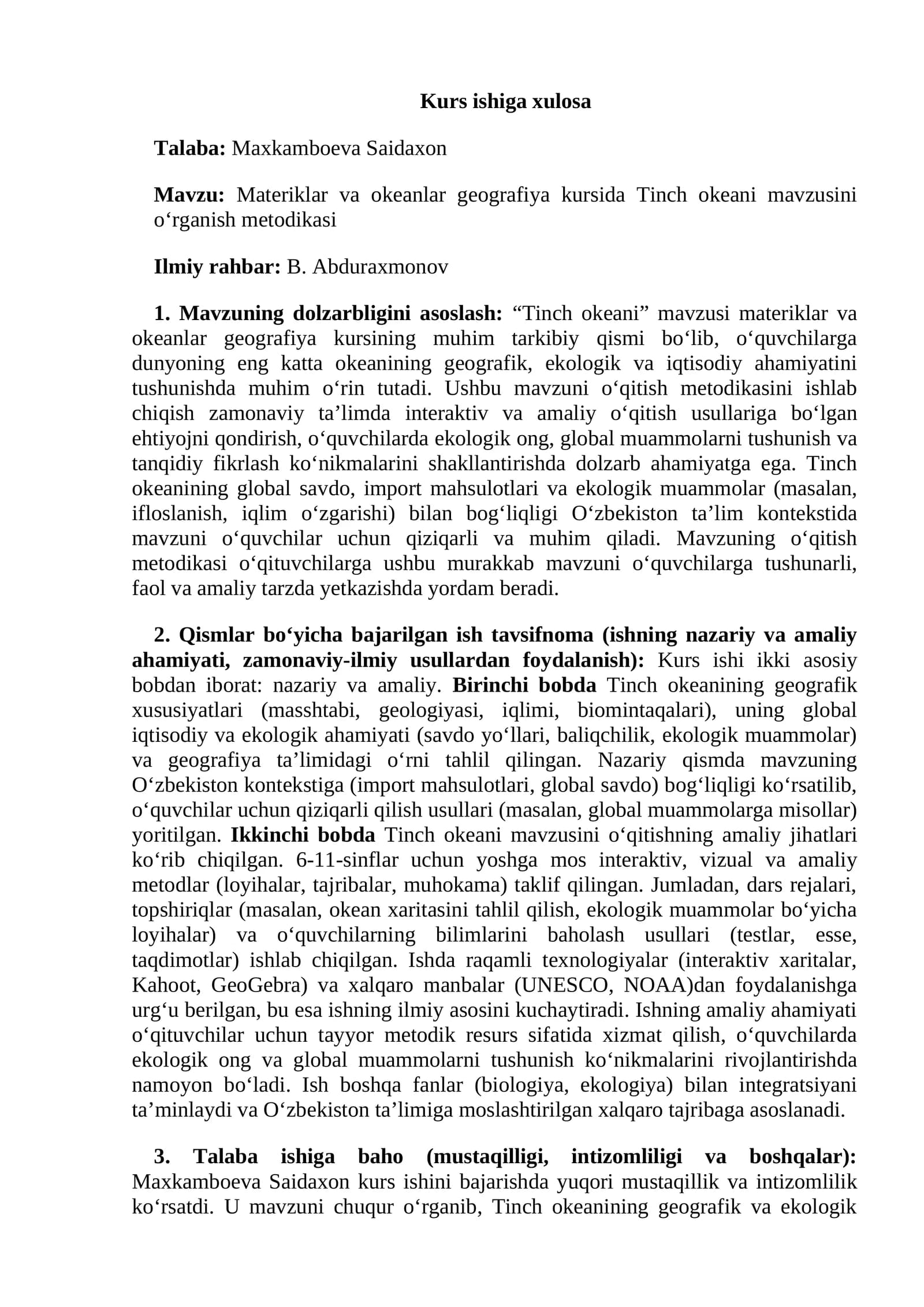 Materiklar va okeanlar geografiya kursida Tinch okeani mavzusini o‘rganish metodikasi