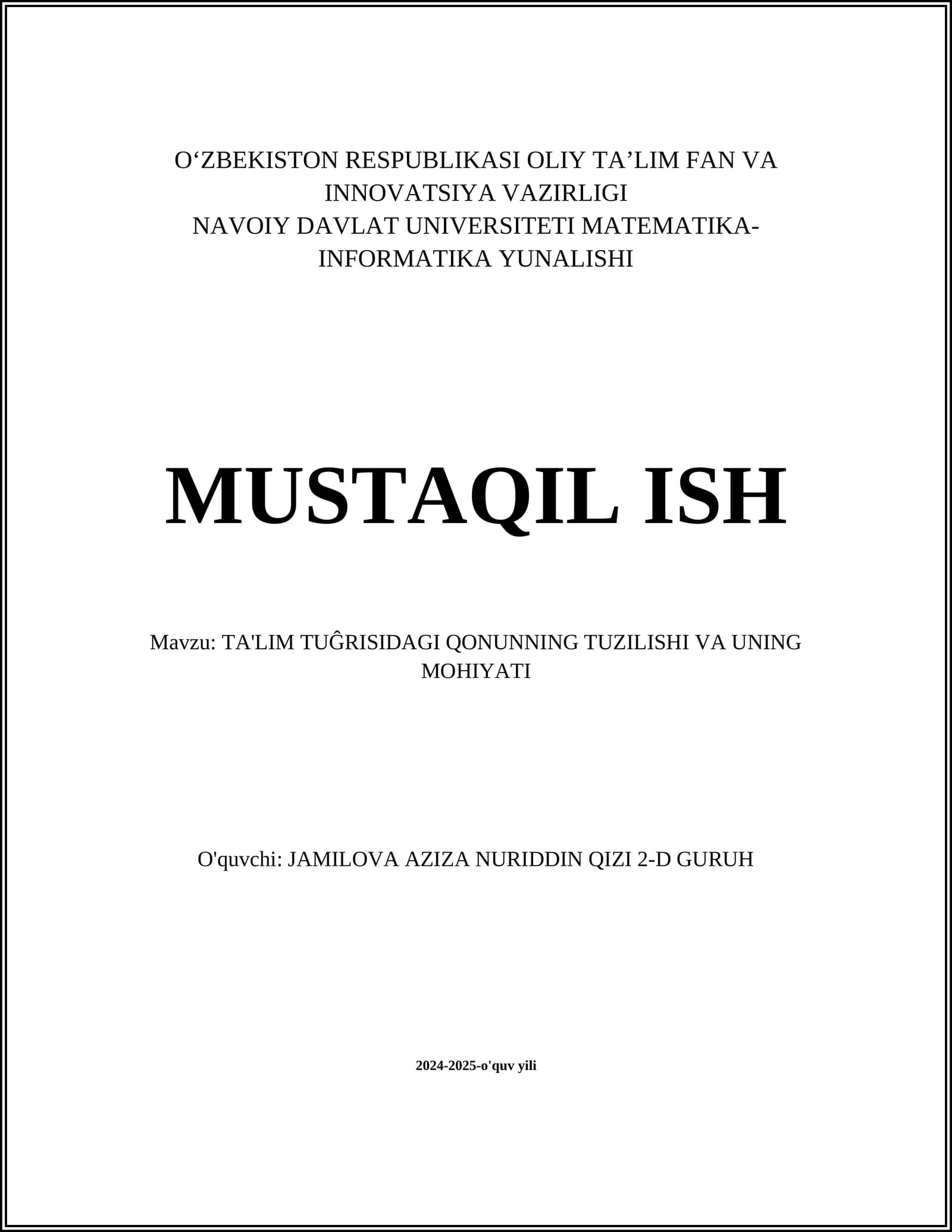TA'LIM TUĞRISIDAGI QONUNNING TUZILISI VA UNING MOHIYATI