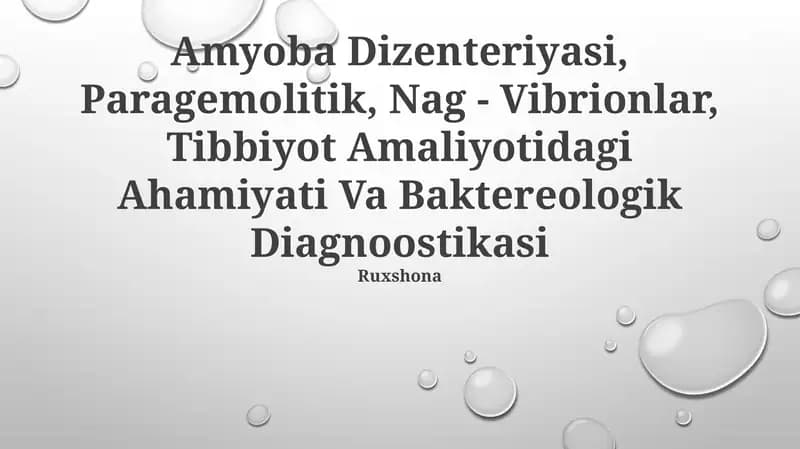 Amyoba Dizenteriyasi, Paragemolitik, Nag - Vibrionlar, Tibbiyot Amaliyotidagi Ahamiyati Va Baktereologik Diagnoostikasi