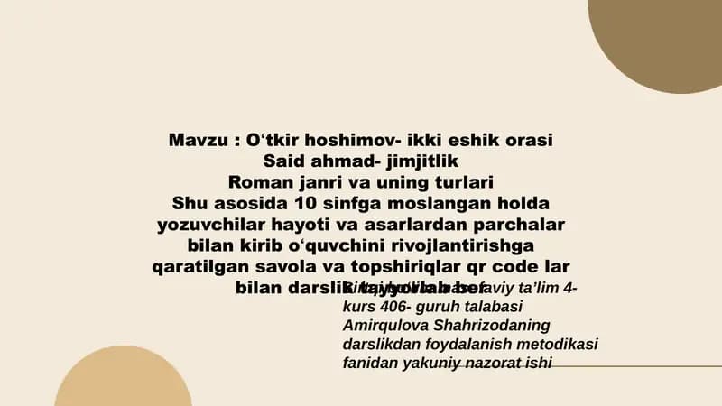 Oʻtkir hoshimov- ikki eshik orasi