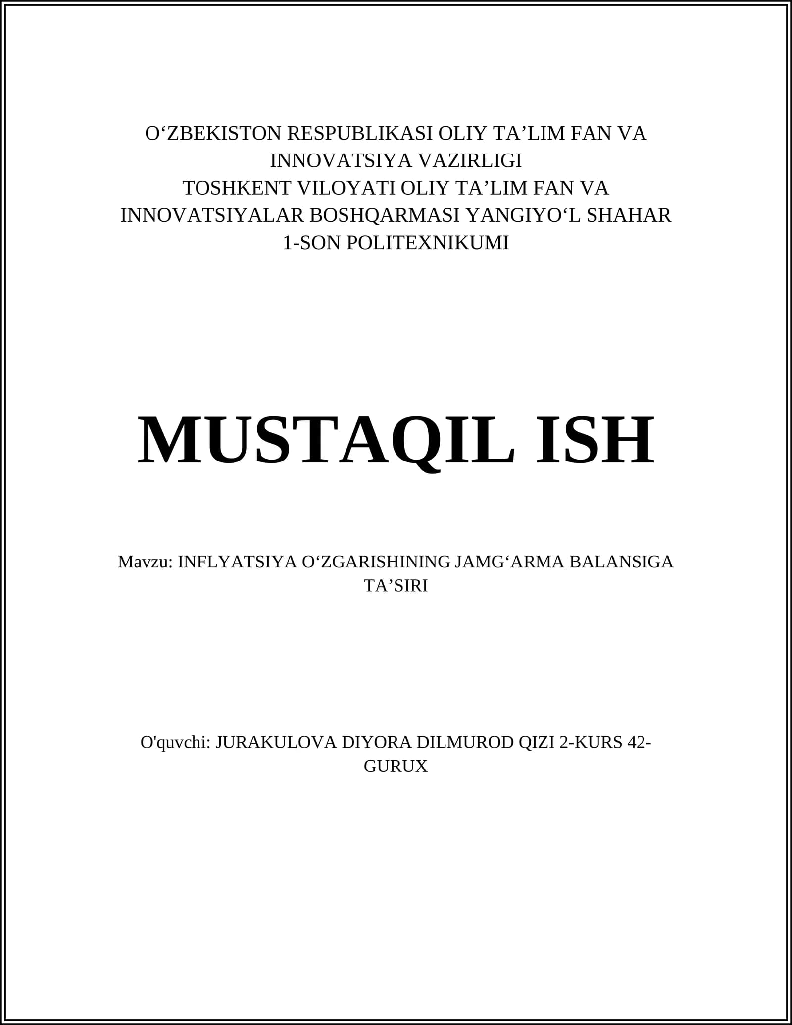 INFLYATSIYA OʻZGARISHINING JAMGʻARMA BALANSIGA TAʼSIRI