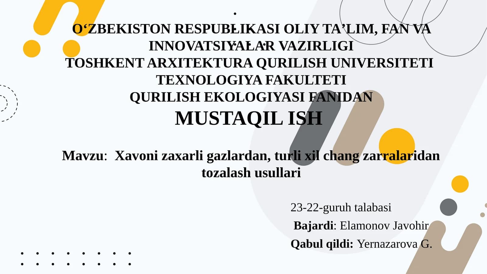 Xavoni xar xil gazlardan, turli xil chang zarralaridan tozalash usullari