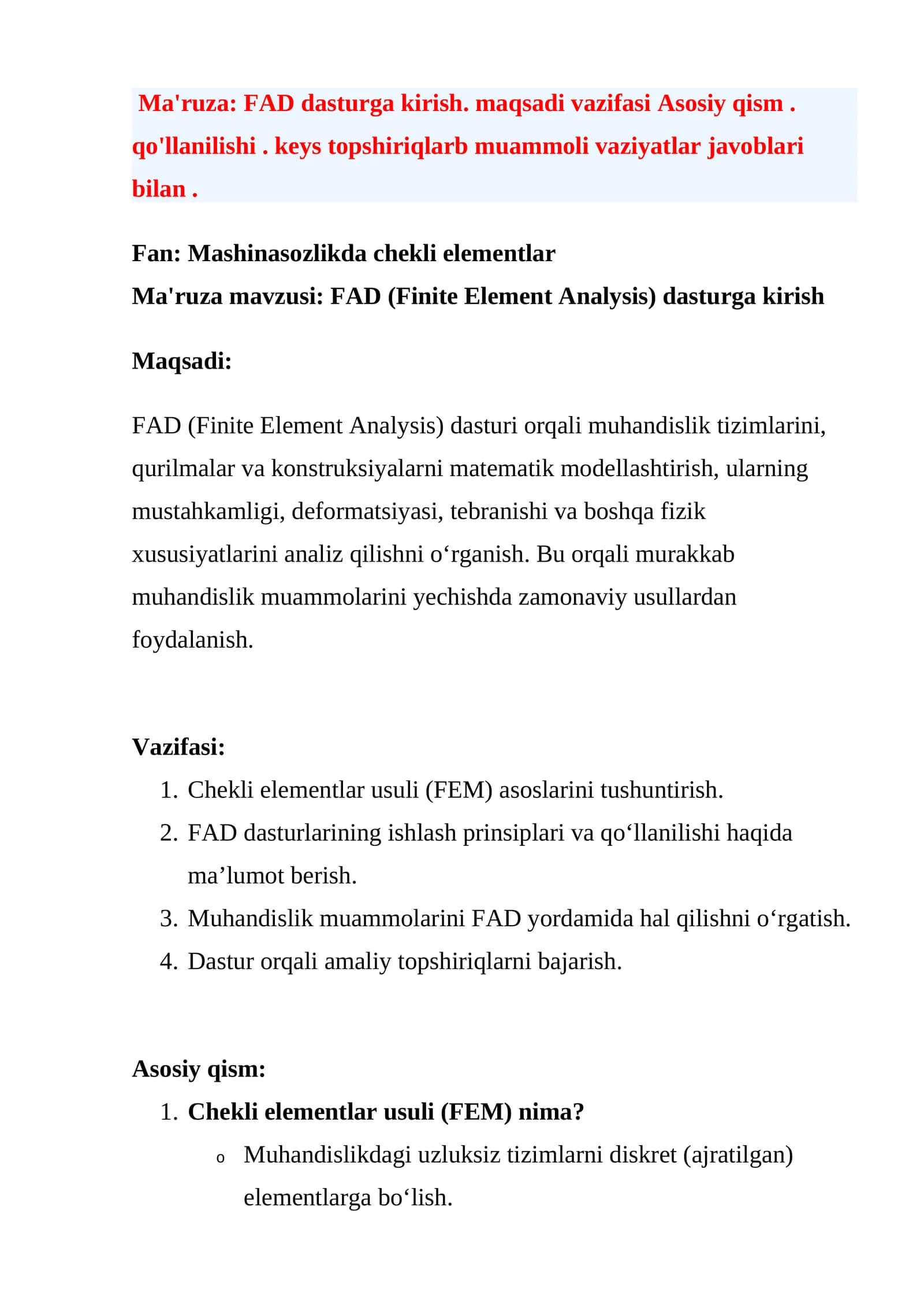 FAD (Finite Element Analysis) dasturga kirish