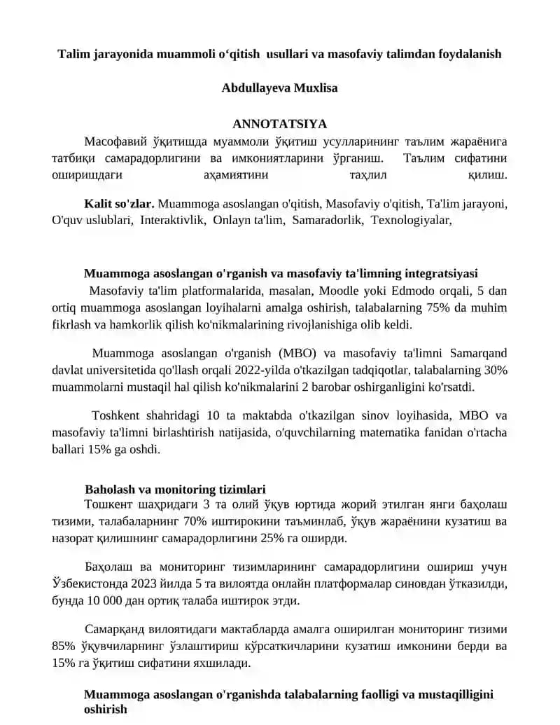 Muammogi asoslangan o'rganish va masofaviy ta'lim