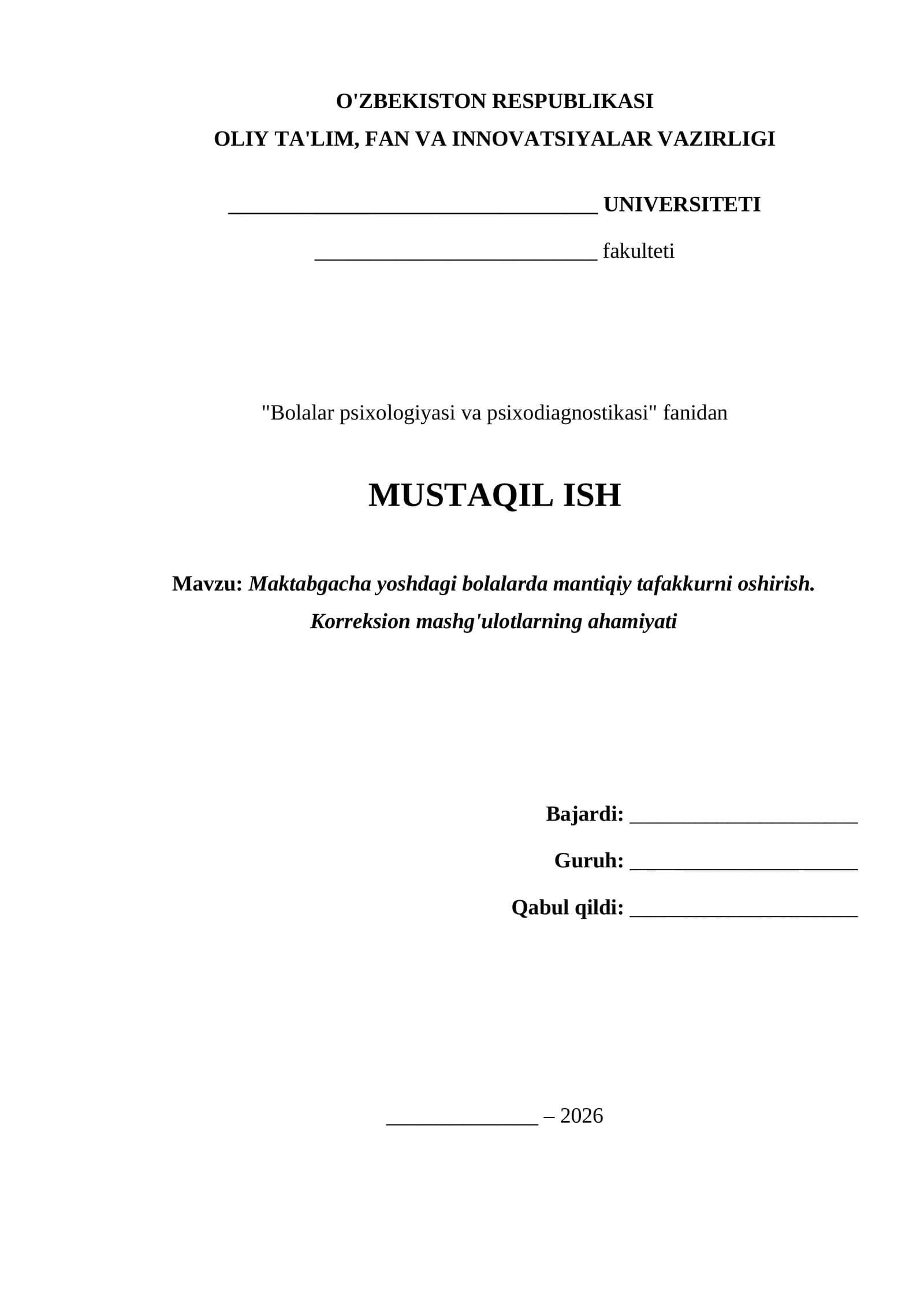 Mantiqiy tafakkur va korreksion mashg'ulotlar