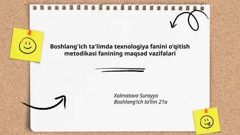 Boshlang'ich ta'limda texnologiya fanini o'qitish metodikasi fanining maqsad vazifalari