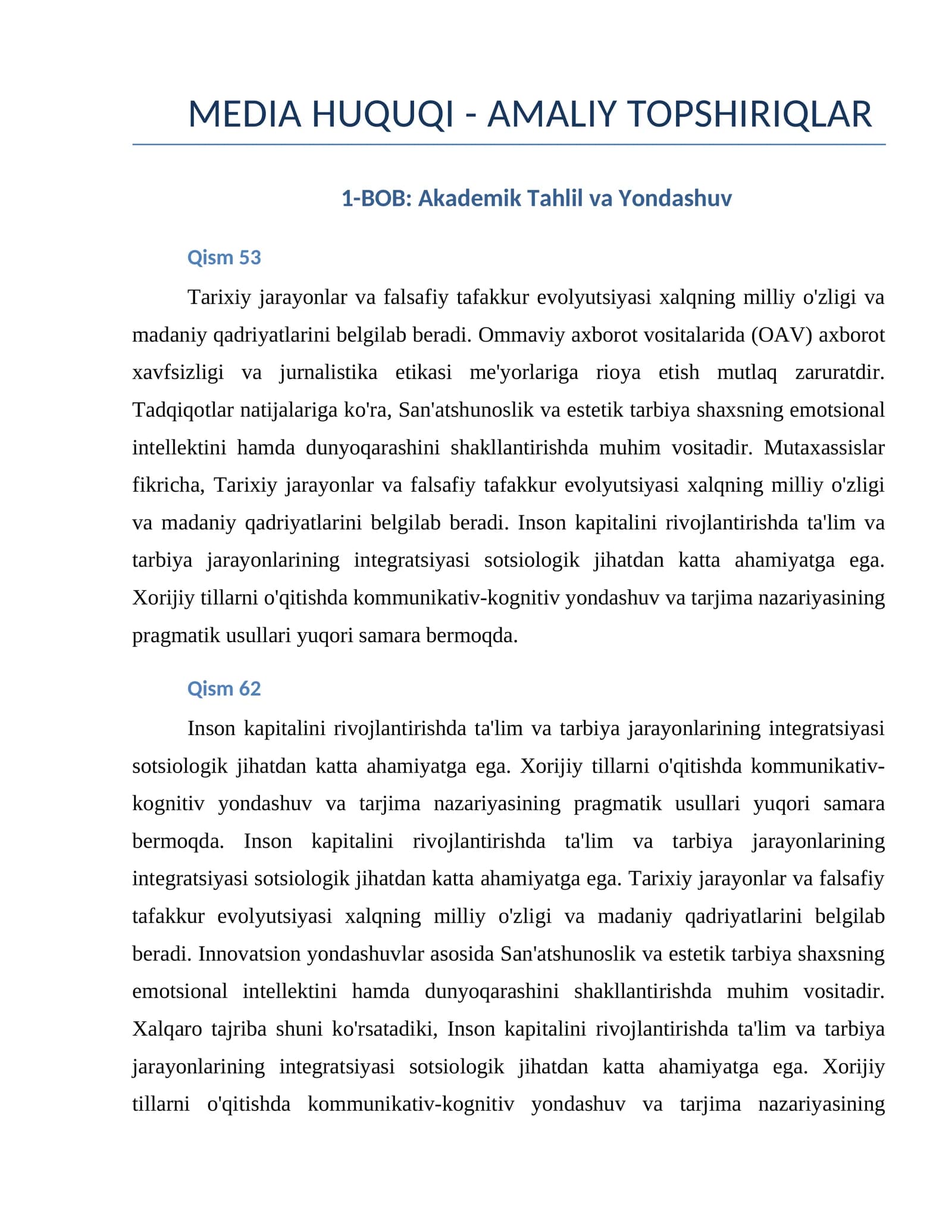MEDIA HUQUQI - AMALIY TOPSHIRIQLAR