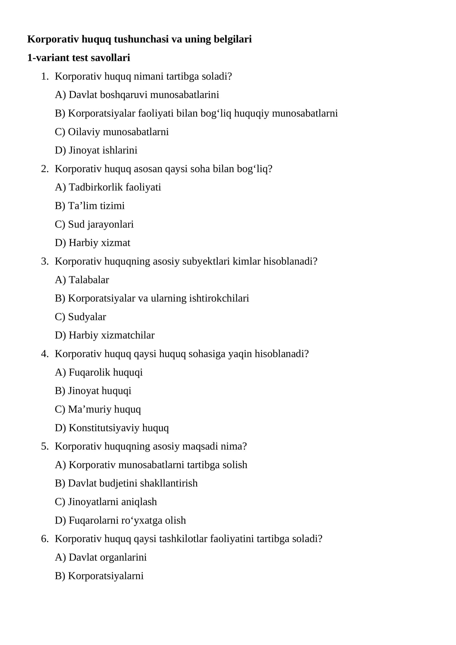 Korporativ huquq tushunchasi va uning belgilari