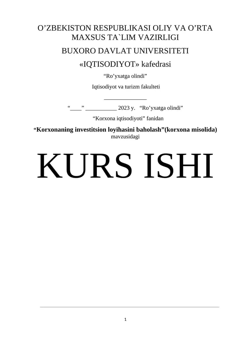 "Korxonaning investitsion loyihasini baholash"