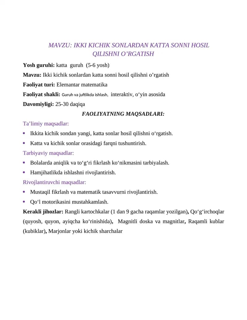 Ikki kichik sonlardan katta sonni hosil qilishni o’rgatish