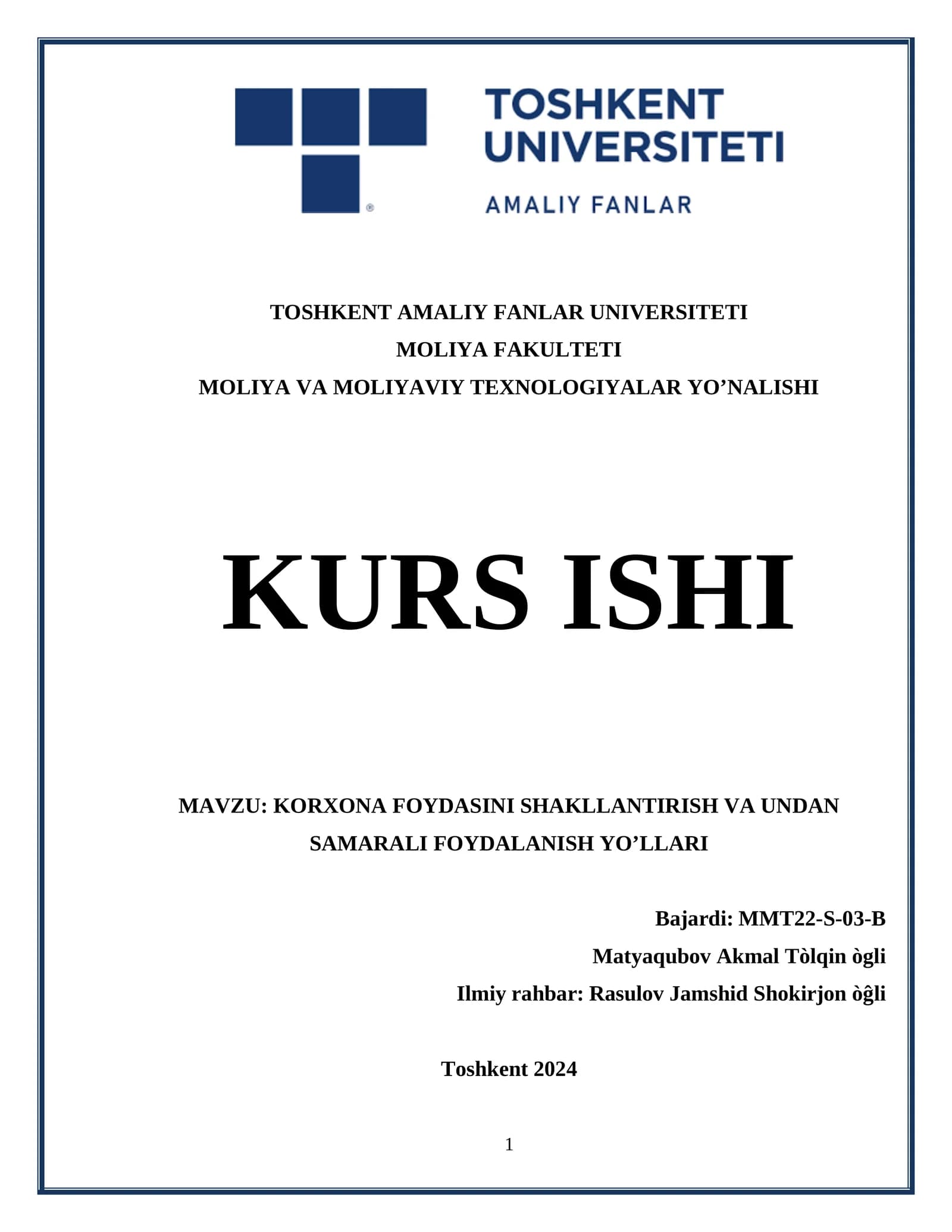 Kurs ishi: Korxona Foydasini Shakllantirish va Undan Samarali Foydalanish Yo'llari