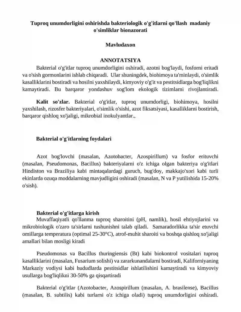 Bakterial o'g'itlarning foydalari