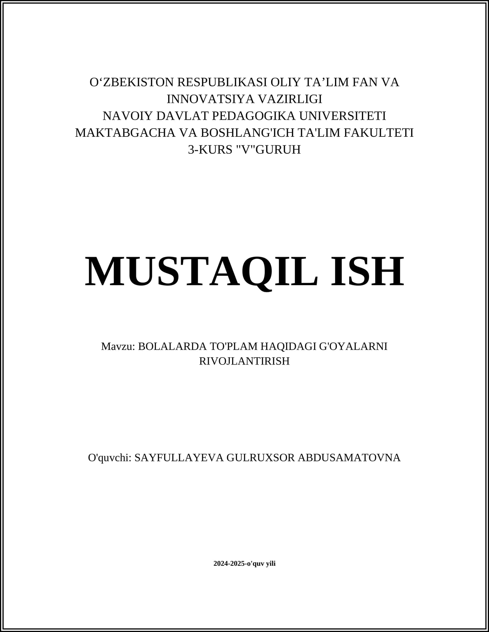 BOLALARDA TO'PLAM HAQIDAGI G'OYALARNI RIVOJLANTIRISH