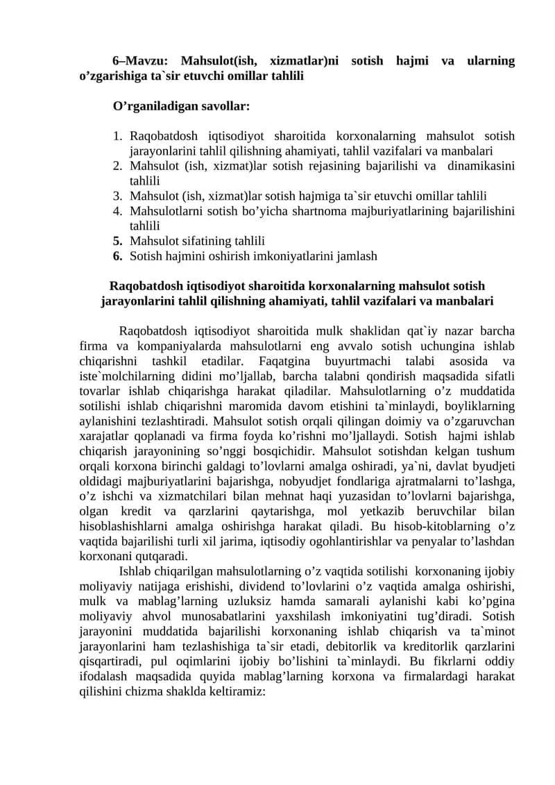 Mahsulоt(ish, xizmatlar)ni sоtish hajmi va ularning o’zgarishiga ta`sir etuvchi оmillar tahlili