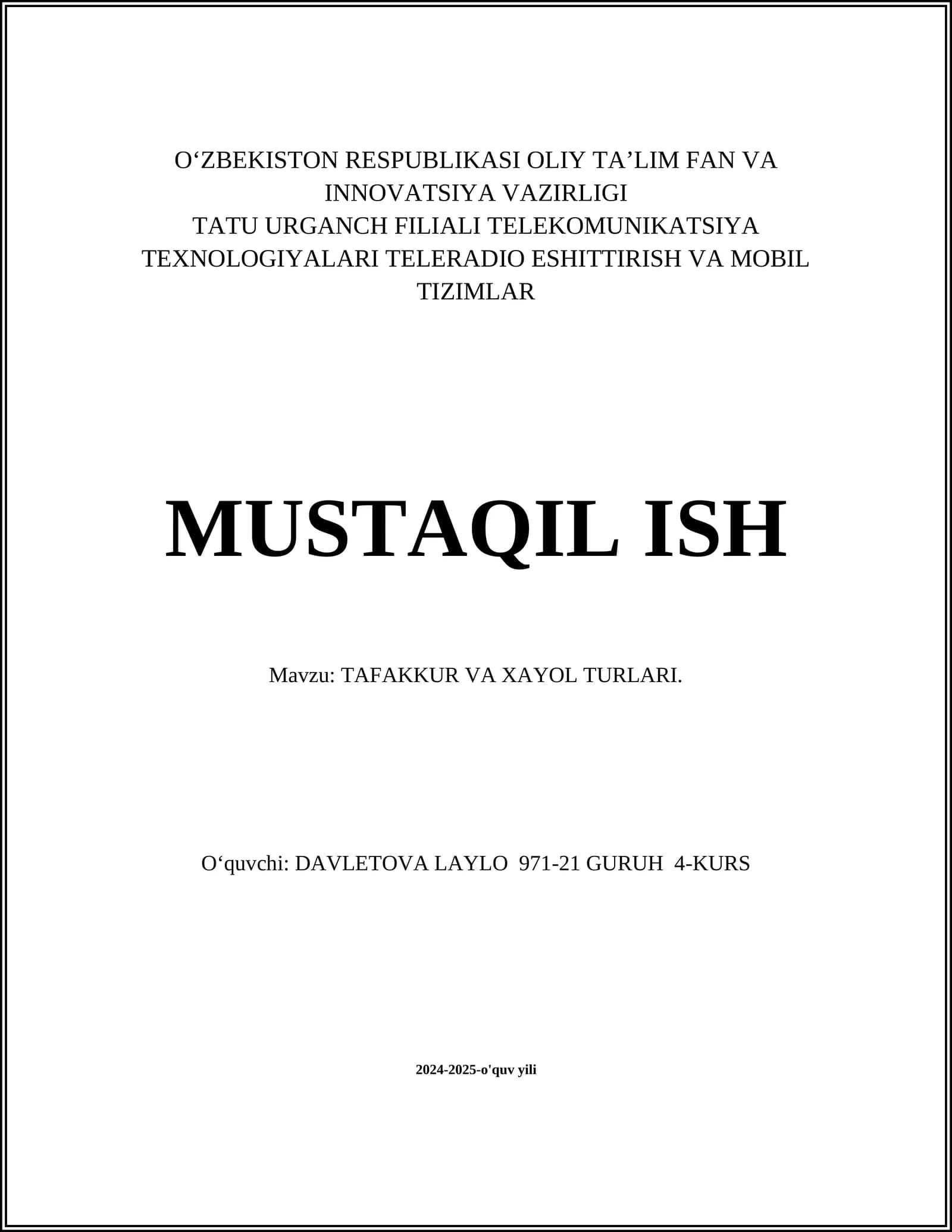 TAFAKKUR VA XAYOL TURLARI