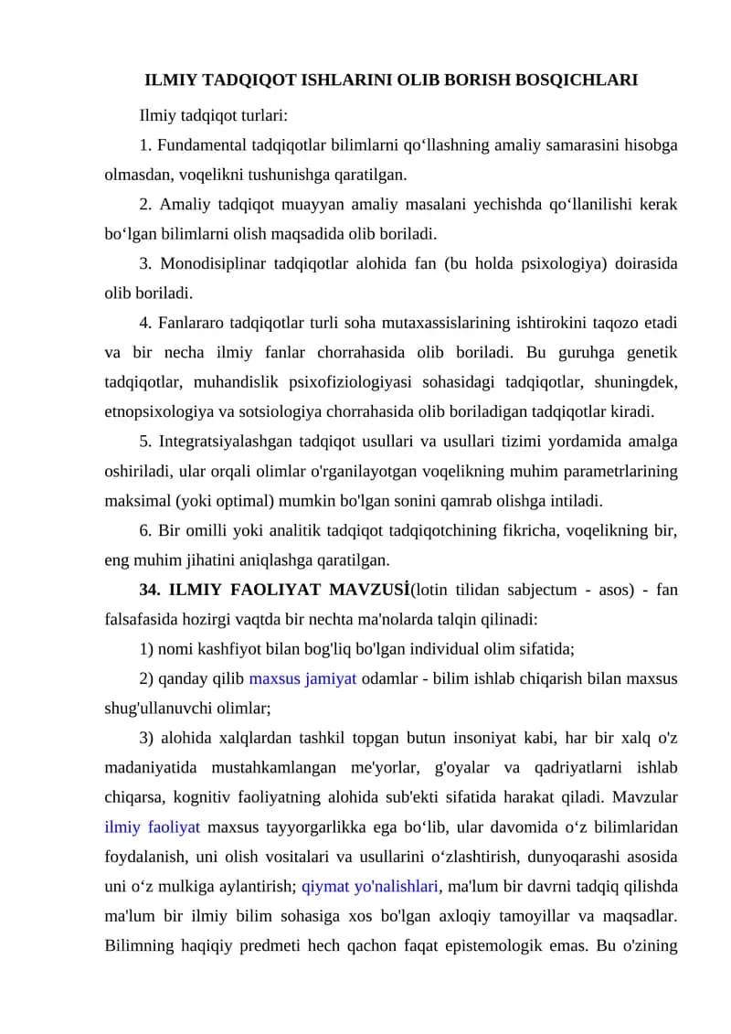 ILMIY TADQIQOT ISHLARINI OLIB BORISH BOSQICHLARI