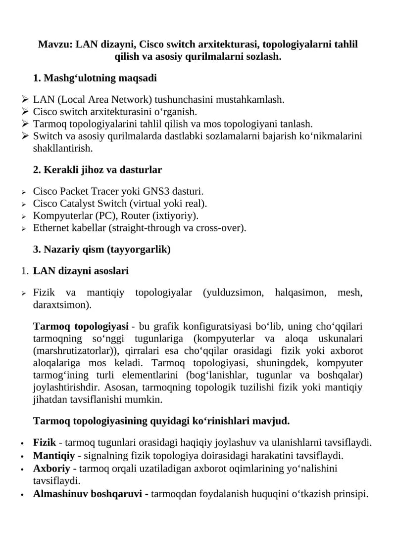 LAN dizayni va Cisco switch arxitekturasi