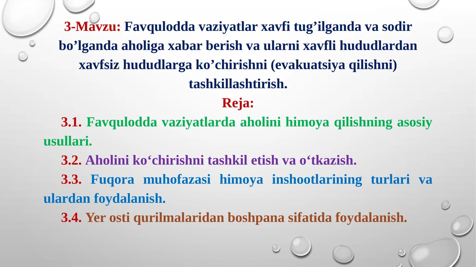 Favquloddavaziyatlar xavfi tug’ilganda va sodir bo’lganda aholiga xabar berish va ularni xavfli hududlardan xavfsiz hududlarga ko’chirishni (evakuatsiya qilishni) tashkillashtirish