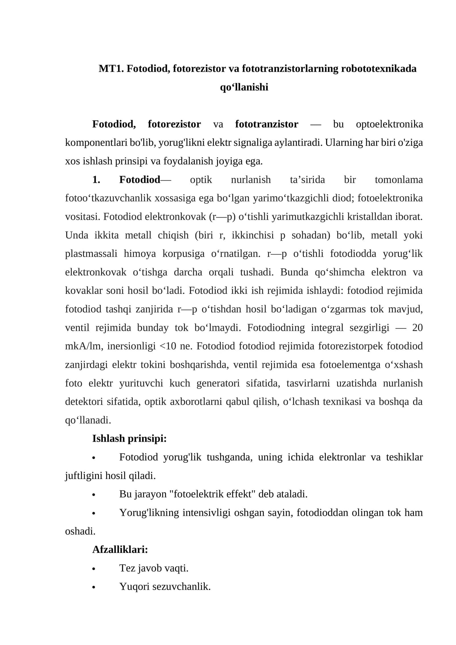 Fotodiod, fotorezistor va fototranzistorlarning robototexnikada qo‘llanishi