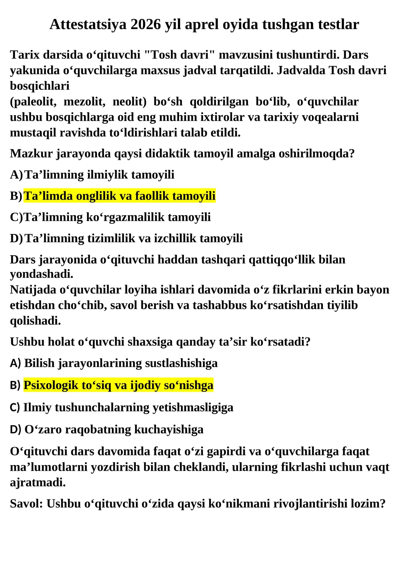 Attestatsiya 2026 yil aprel oyida tushgan testlar