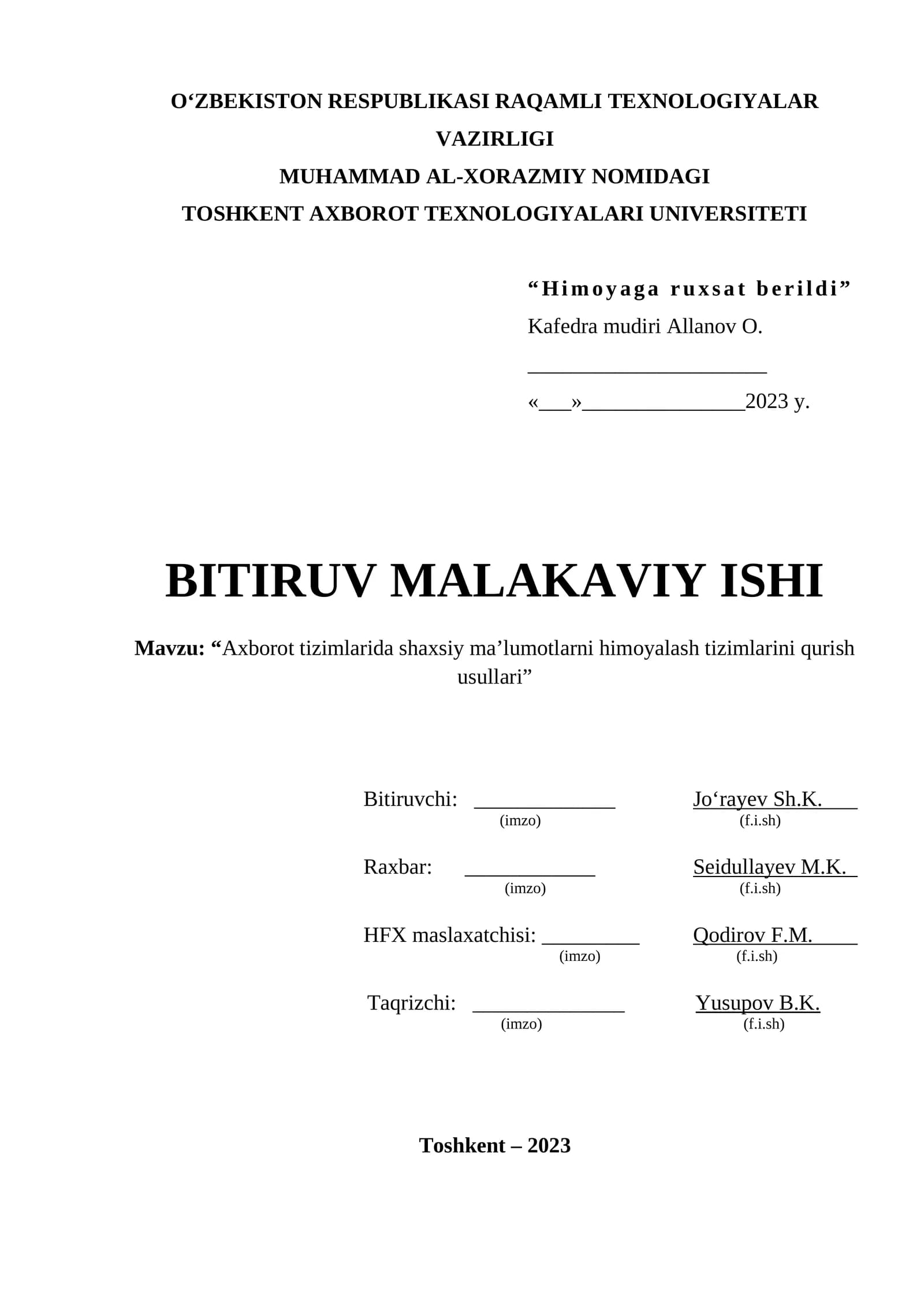 Axborot tizimlarida shaxsiy ma’lumotlarni himoyalash tizimlarini qurish usullari