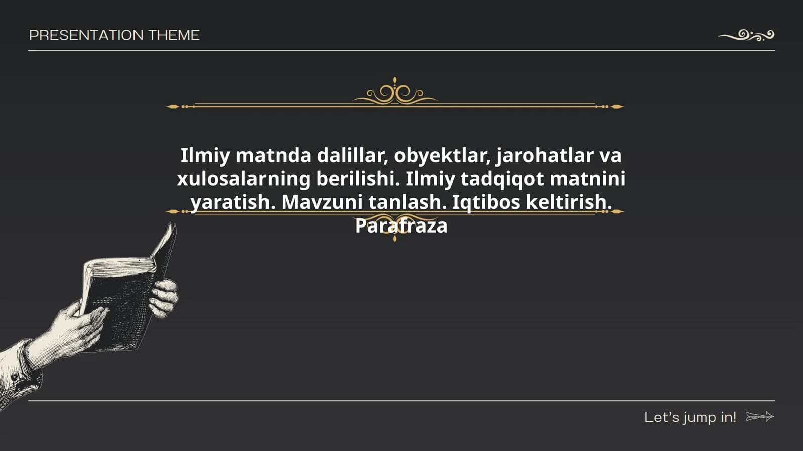 Ilmiy matnda dalillar, obyektlar, jarohatlar va xulosalarning berilishi