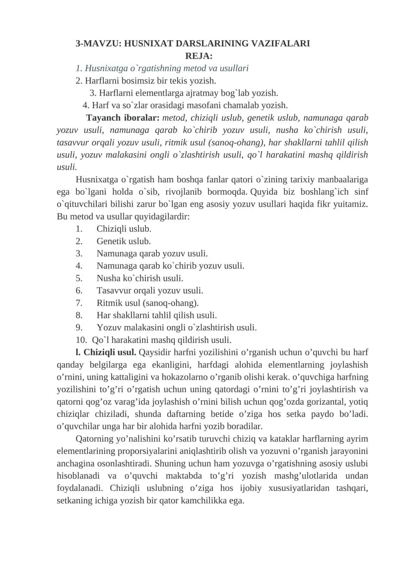 HUSNIXAT DARSLARINING VAZIFALARI