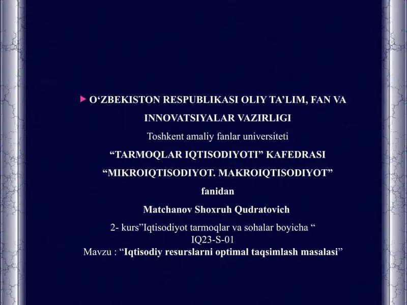Iqtisodiy resurslarni optimal taqsimlash masalasi