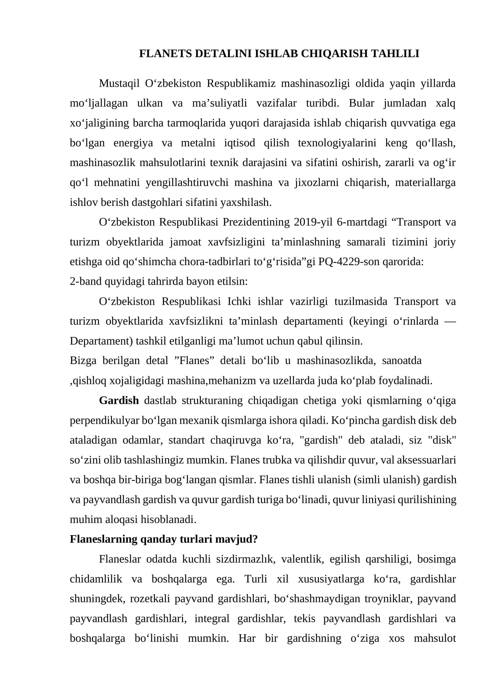 Flanets Detalini Ishlab Chiqarish Tahlili
