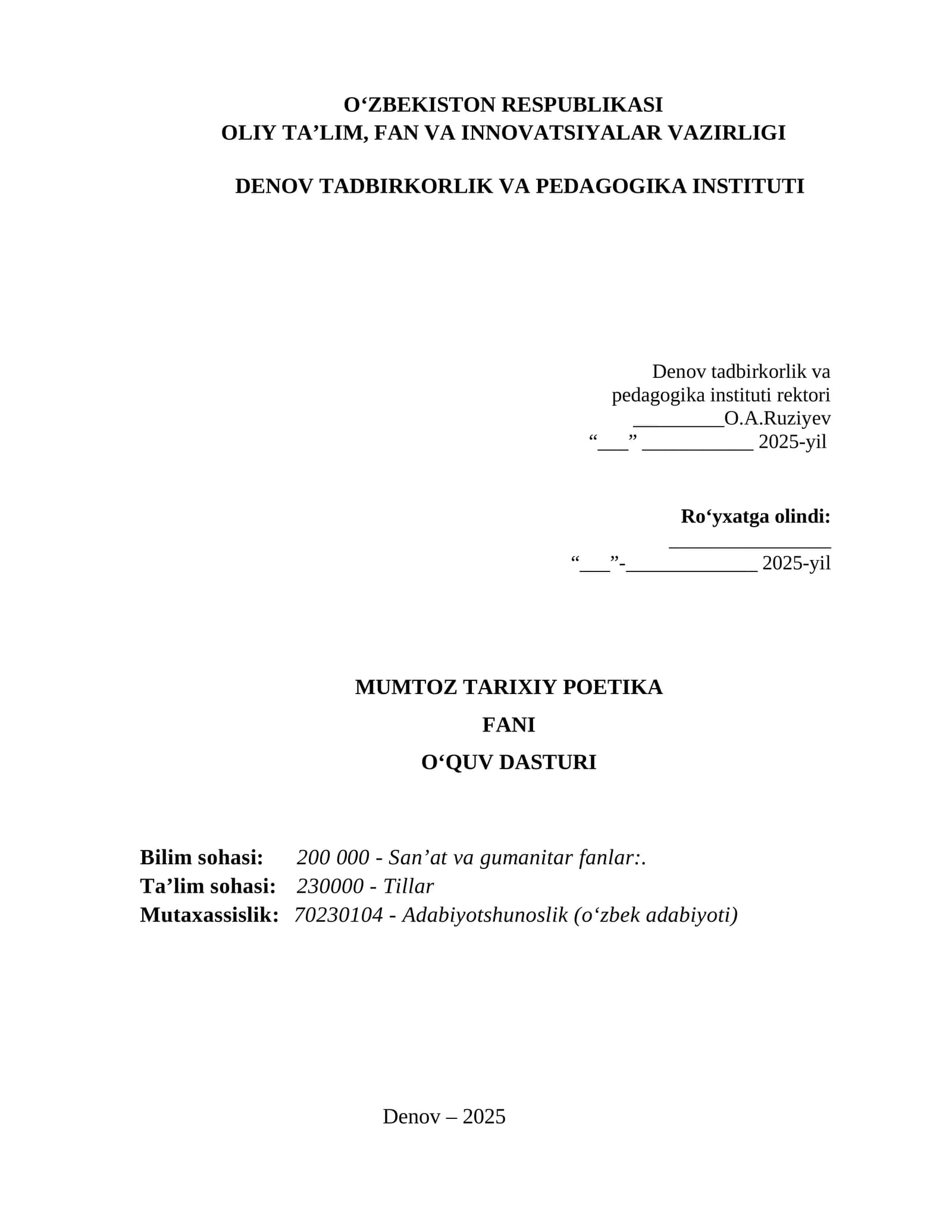 MUMTOZ TARIXIY POETIKA FANI