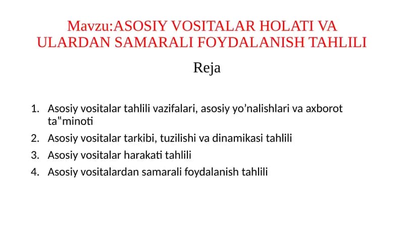ASOSIYVOSITALAR HOLATI VA ULARDAN SAMARALI FOYDALANISH TAHLILI