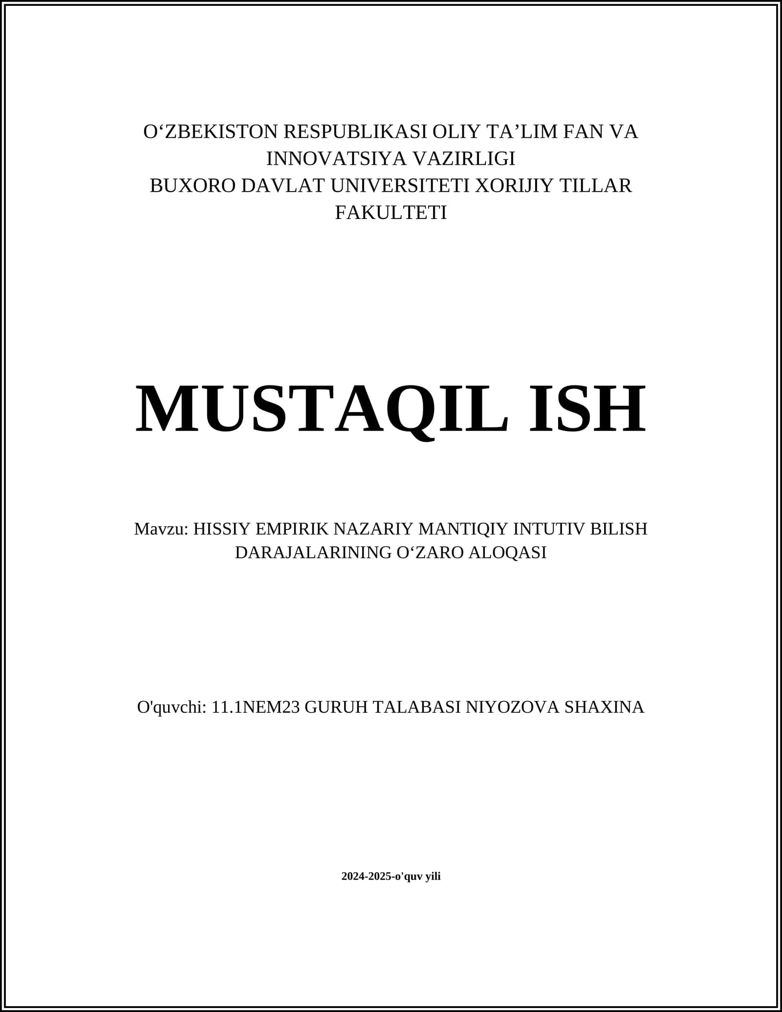 HISSIY EMPIRIK NAZARIY MANTIQIY INTUTIV BILISH DARAJALARINING OʻZARO ALOQASI