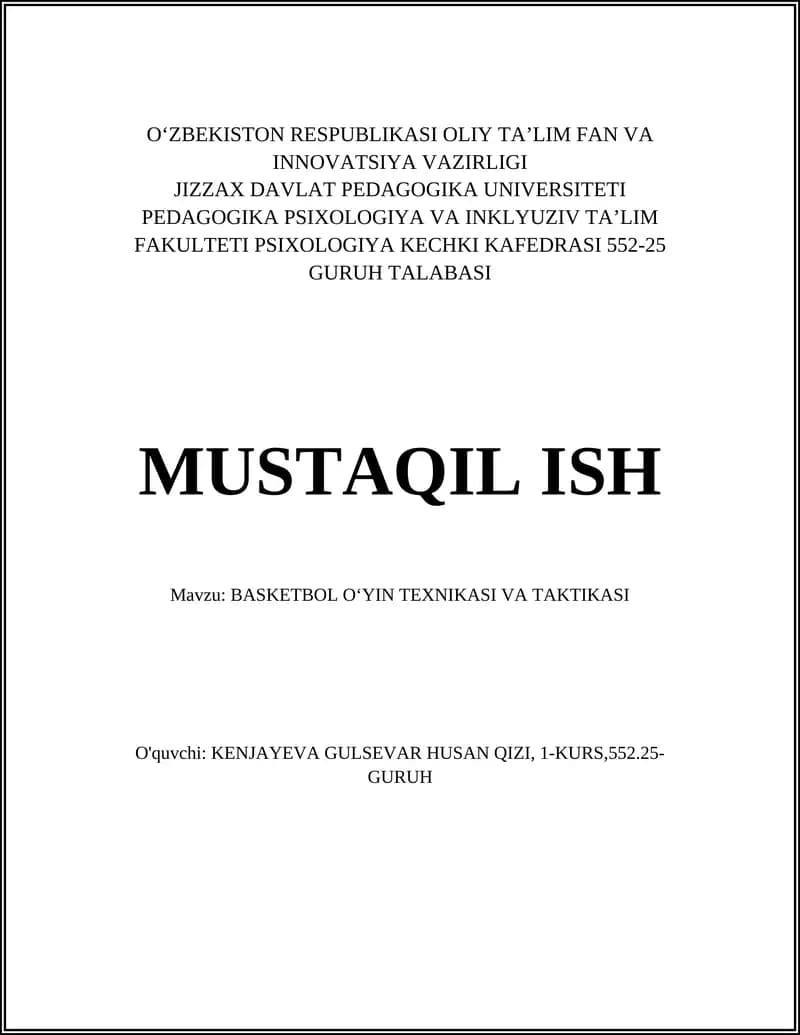 BASKETBOL OʻYIN TEXNIKASI VA TAKTIKASI