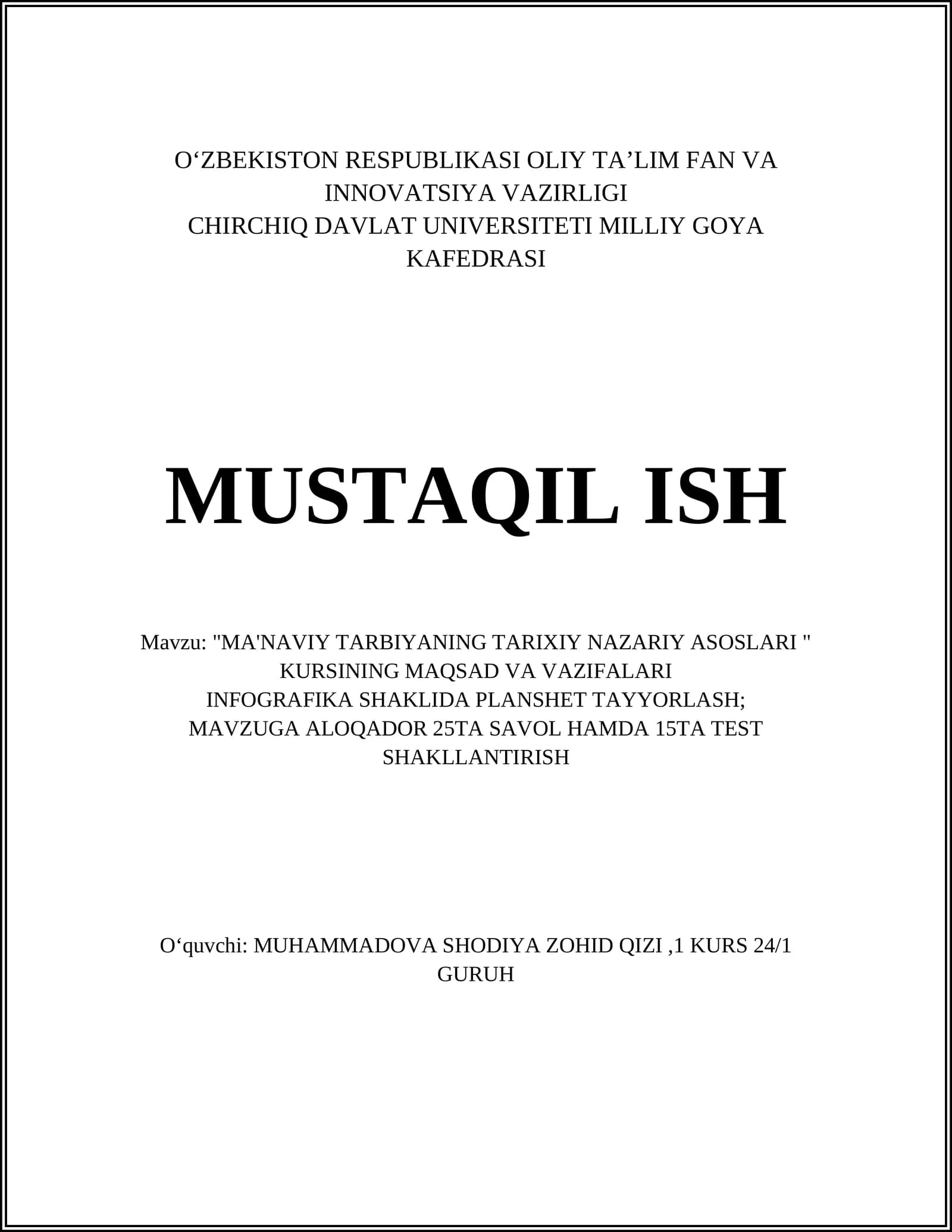 "MA'NAVIY TARBIYANING TARIXIY NAZARIY ASOSLARI" KURSI