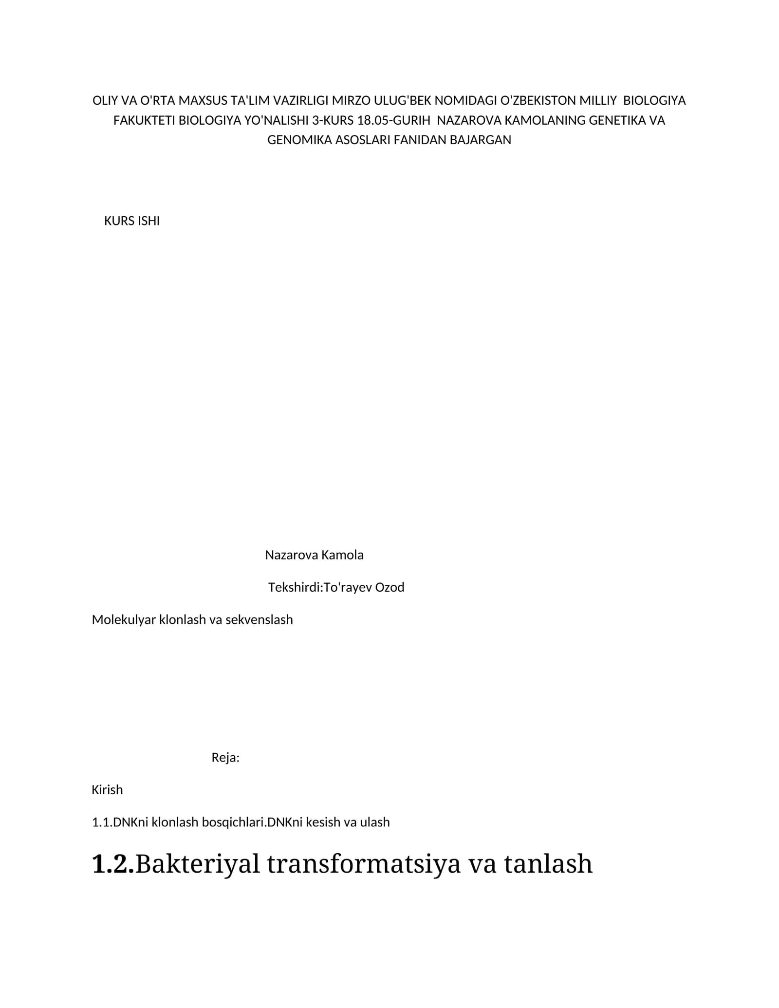 Genetika va Genomika Asoslari Fanidan Kurs Ishi