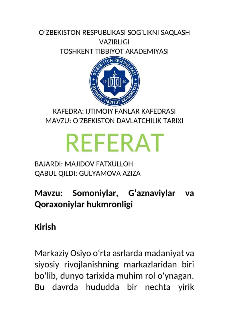 O’ZBEKISTON DAVLATCHILIK TARIXI