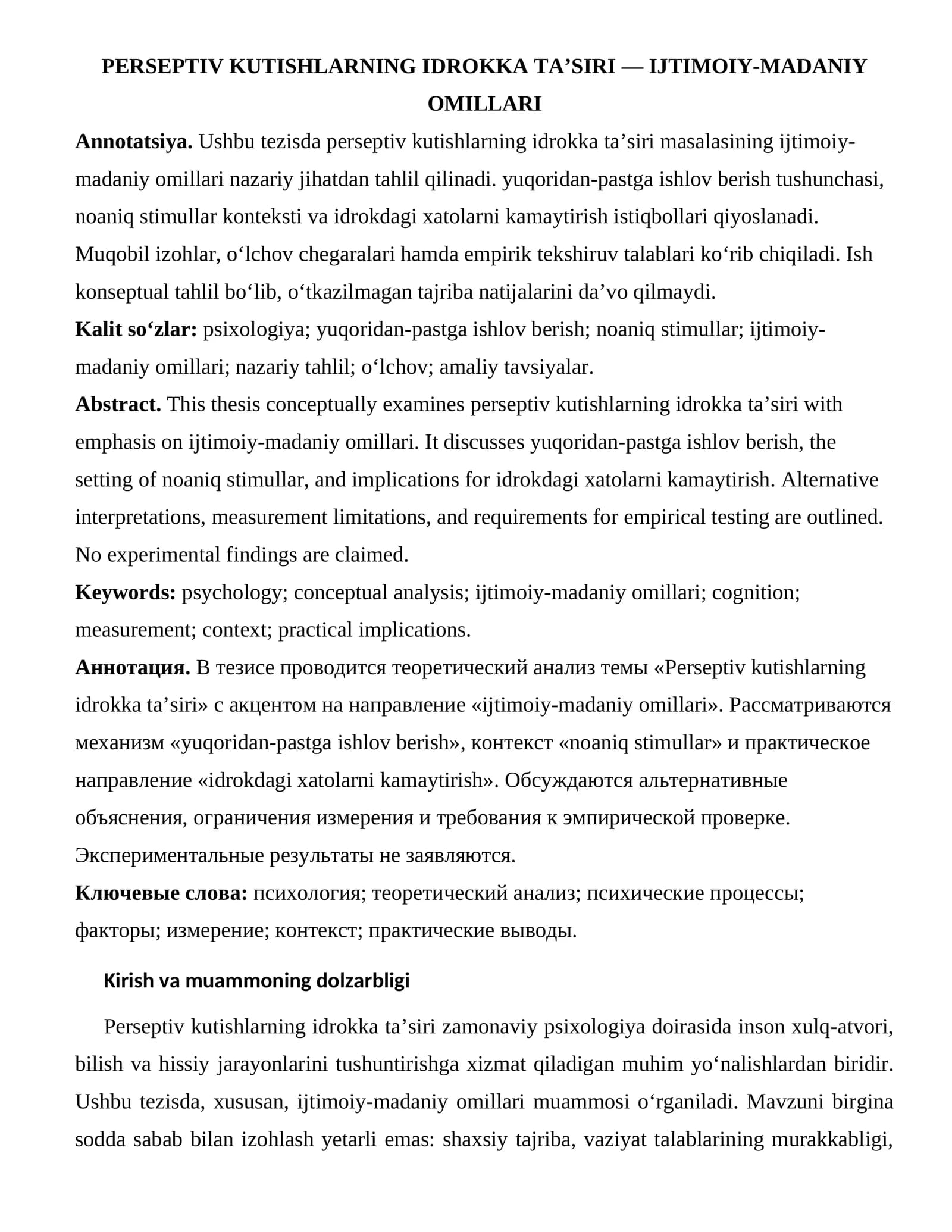 PERSEPTIV KUTISHLARNING IDROKKA TA’SIRI