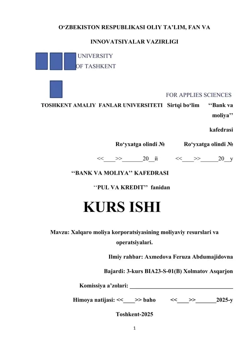 Xalqaro moliya korporatsiyasining moliyaviy resurslari va operatsiyalari.