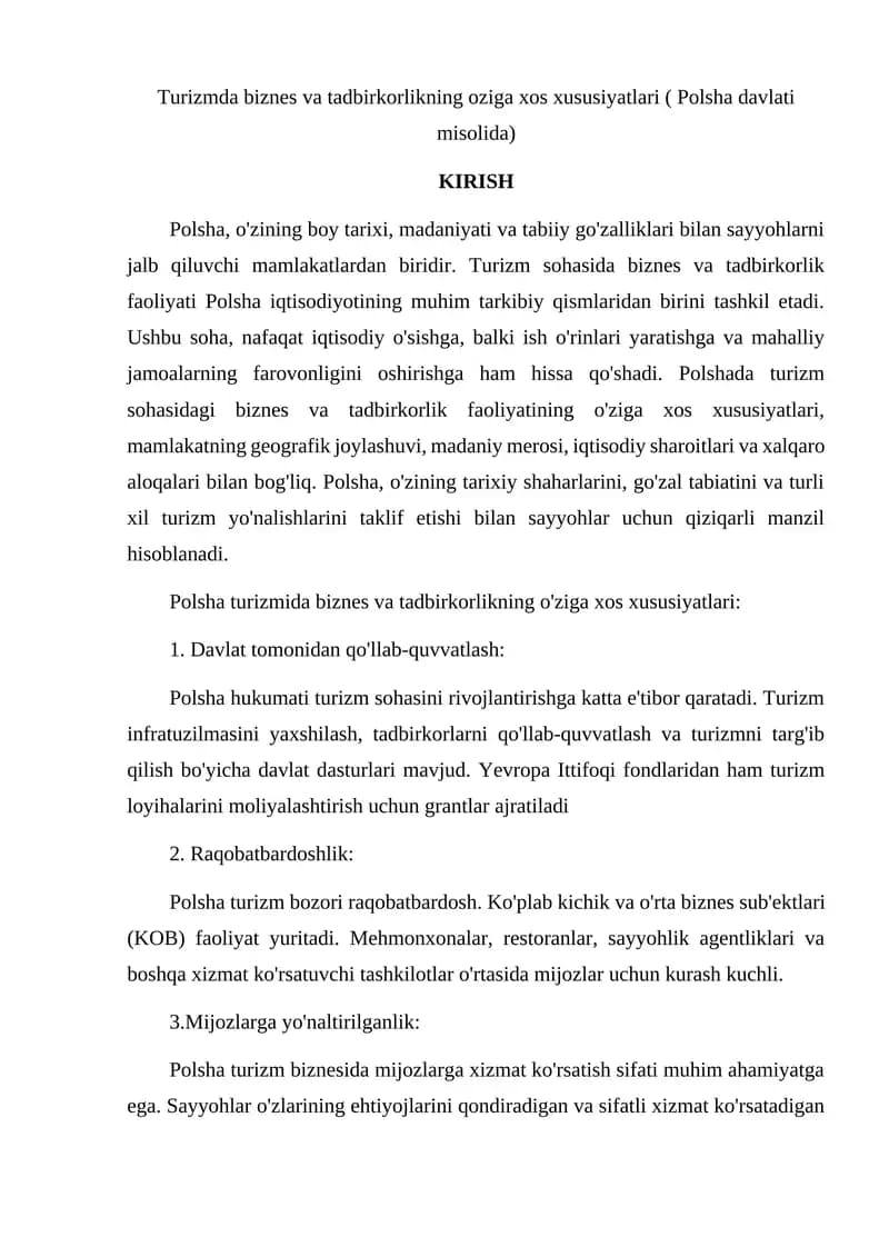 Turizmda biznes va tadbirkorlikning oziga xos xususiyatlari ( Polsha davlati misolida)
