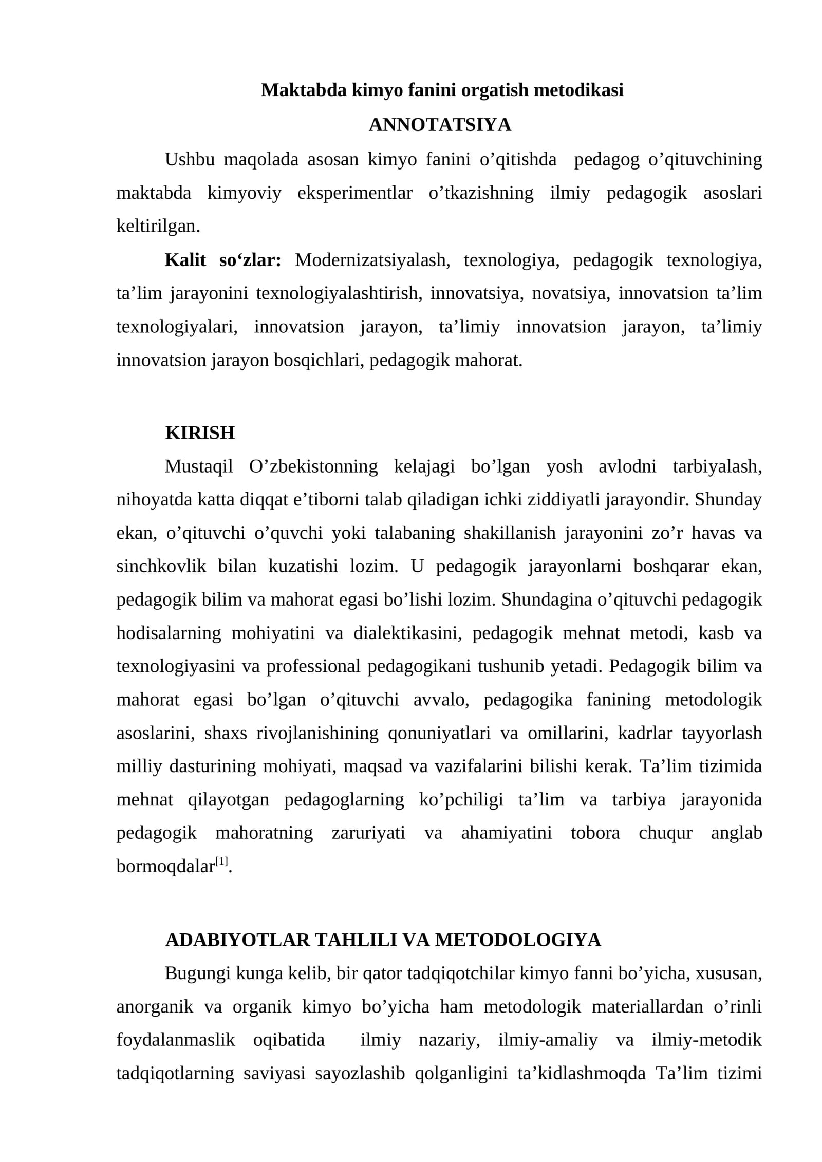 Maktabda kimyo fanini orgatish metodikasi