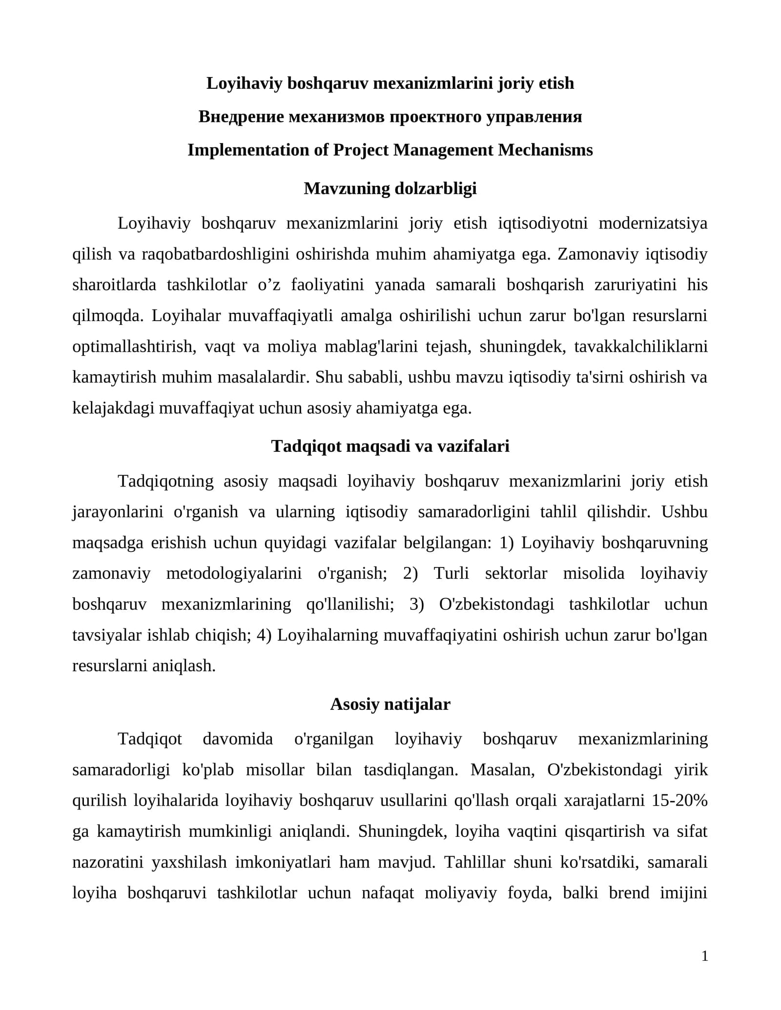 Loyihaviy boshqaruv mexanizmlarini joriy etish