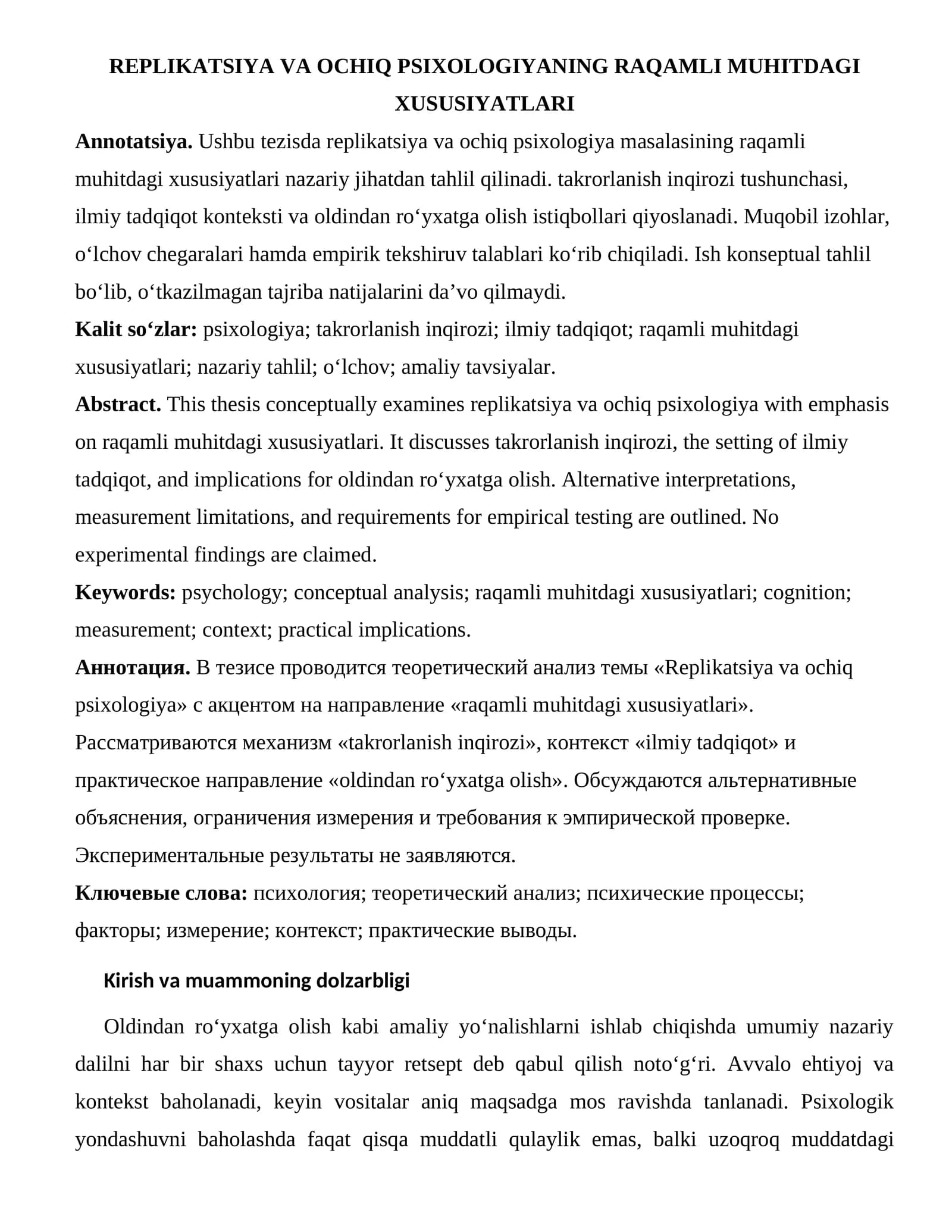 REPLIKATSIYA VA OCHIQ PSIXOLOGIYANING RAQAMLI MUHITDAGI XUSUSIYATLARI