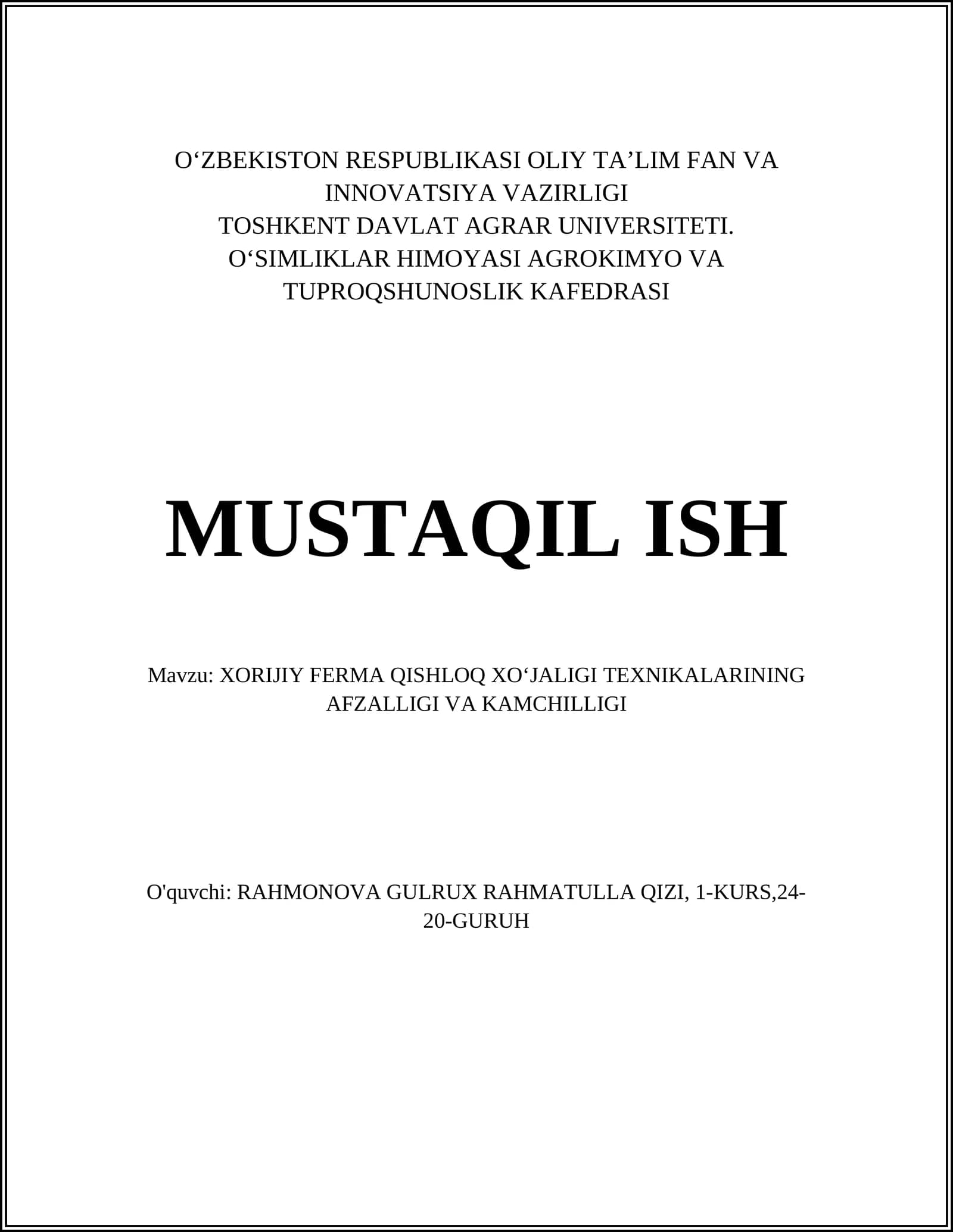 XORIJIY FERMA QISHLOQ XOʻJALIGI TEXNIKALARINING AFZALLIGI VA KAMCHILLIGI