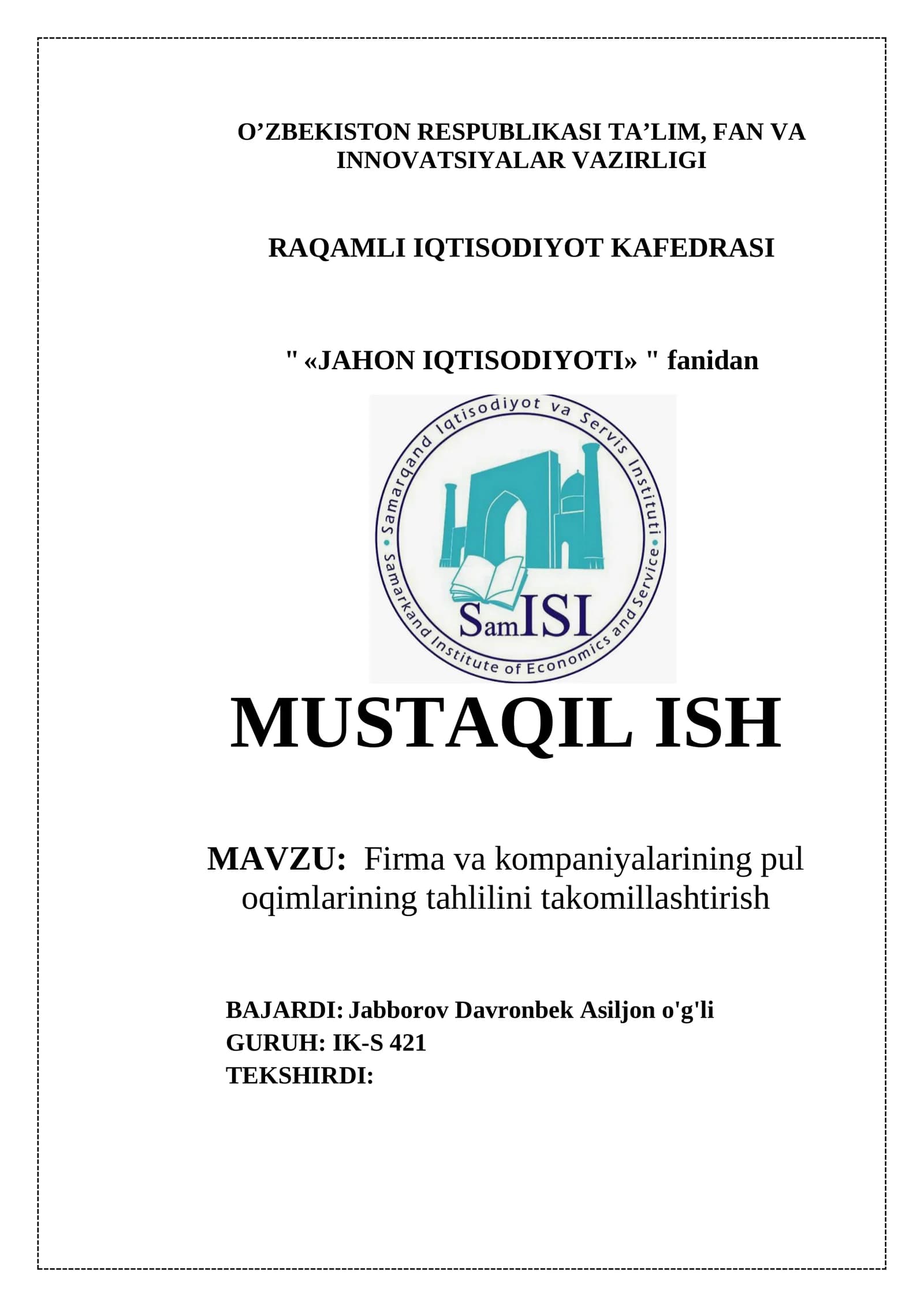 Raqamli Iqtisodiyot Kafedrasi "Jahon Iqtisodiyoti"
