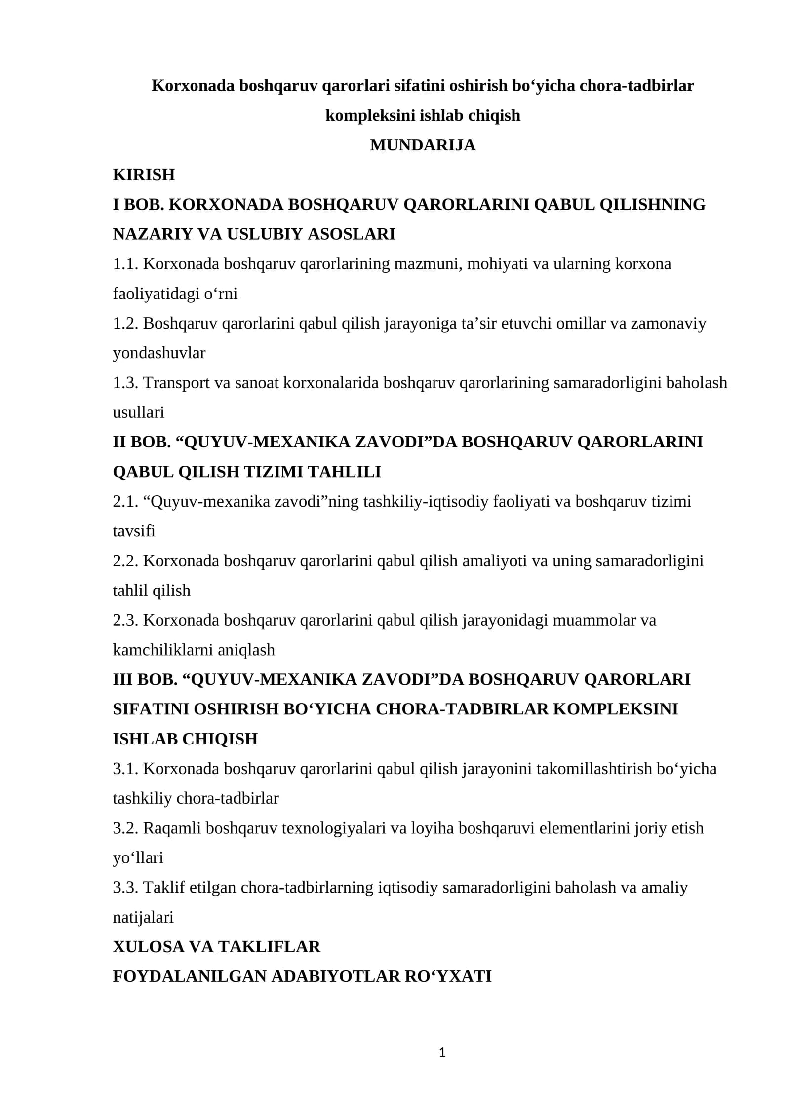 “QUYUV-MEXANIKA ZAVODI”DA BOSHQARUV QARORLARI SIFATINI OSHIRISH BO‘YICHA CHORA-TADBIRLAR KOMPLEKSINI ISHLAB CHIQISH