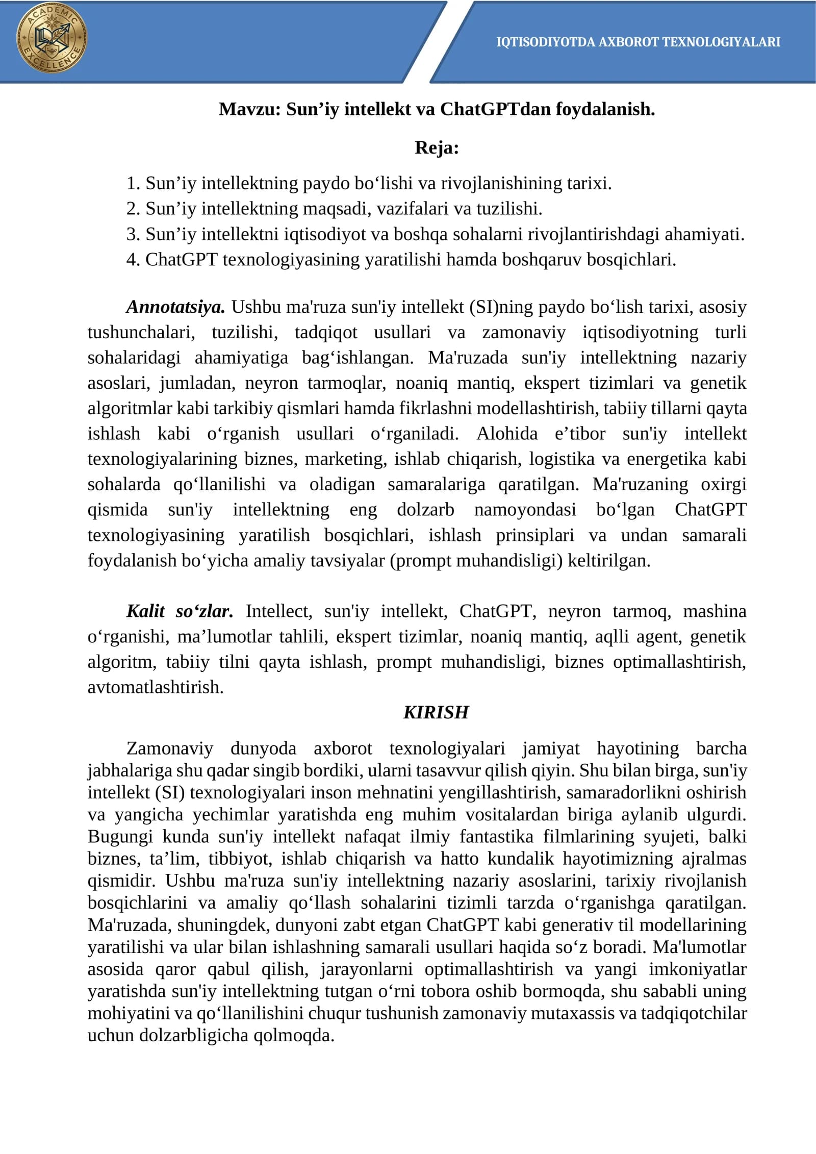 Sun’iy intellekt va ChatGPTdan foydalanish