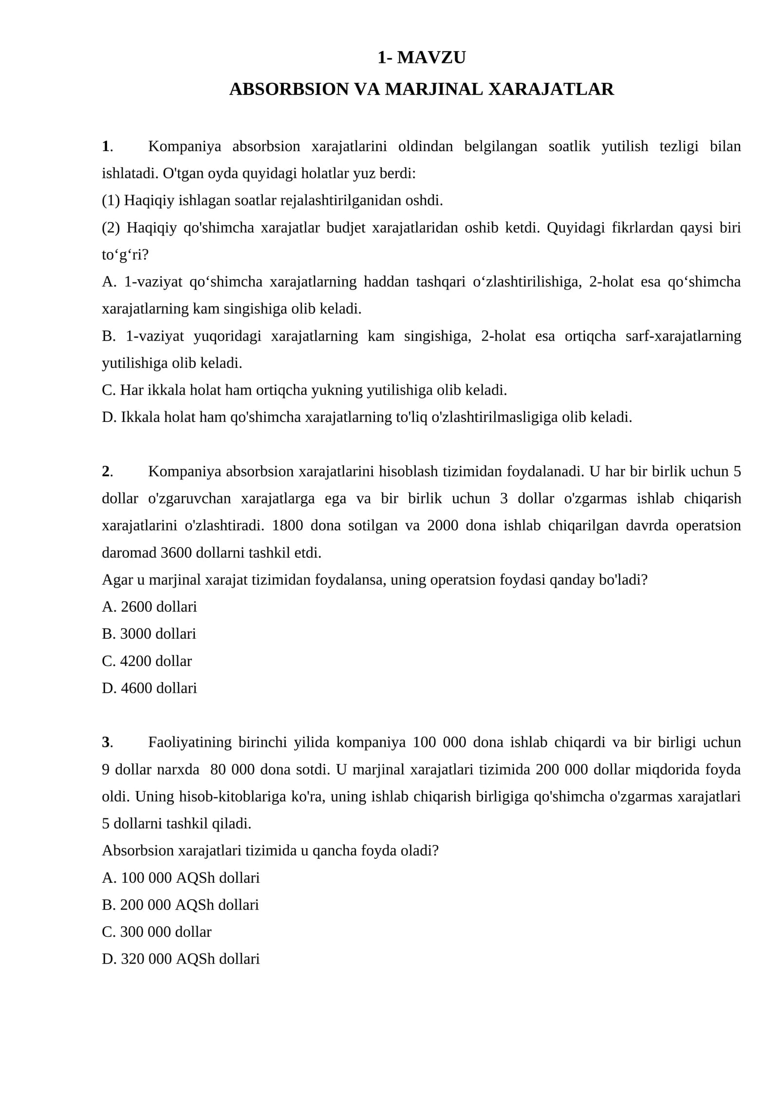 ABSORBSION VA MARJINAL XARAJATLAR