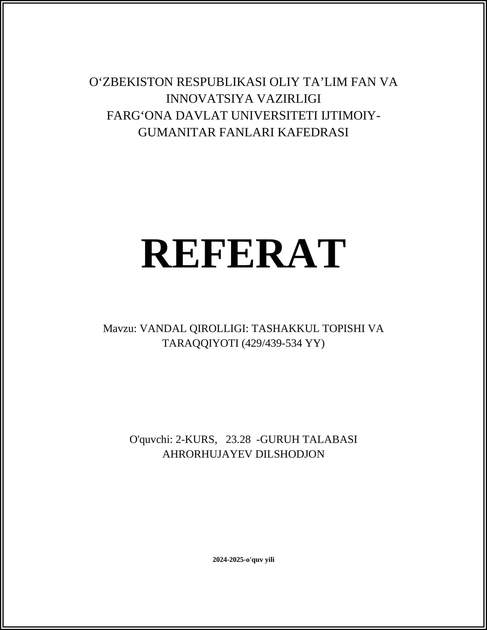 VANDAL QIROLLIGI: TASHAKKUL TOPISHI VA TARAQQIYOTI (429/439-534 YY)