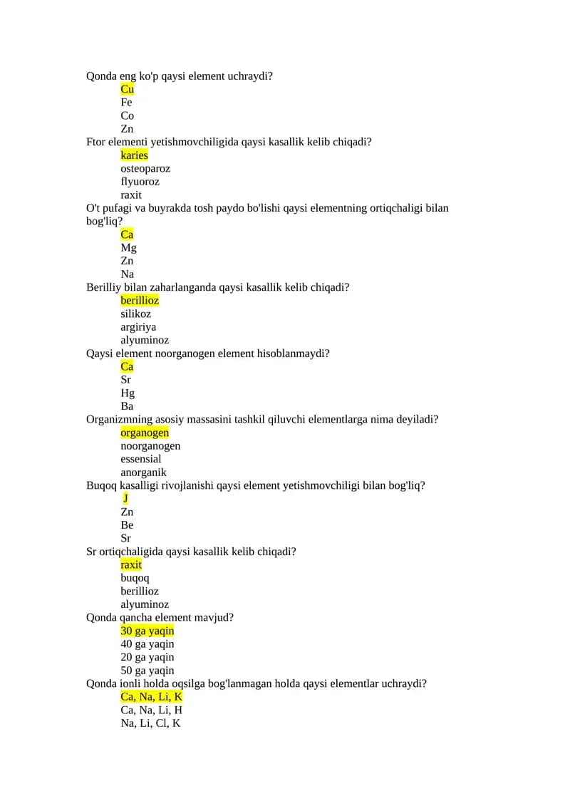 Elementlar haqida test savollar